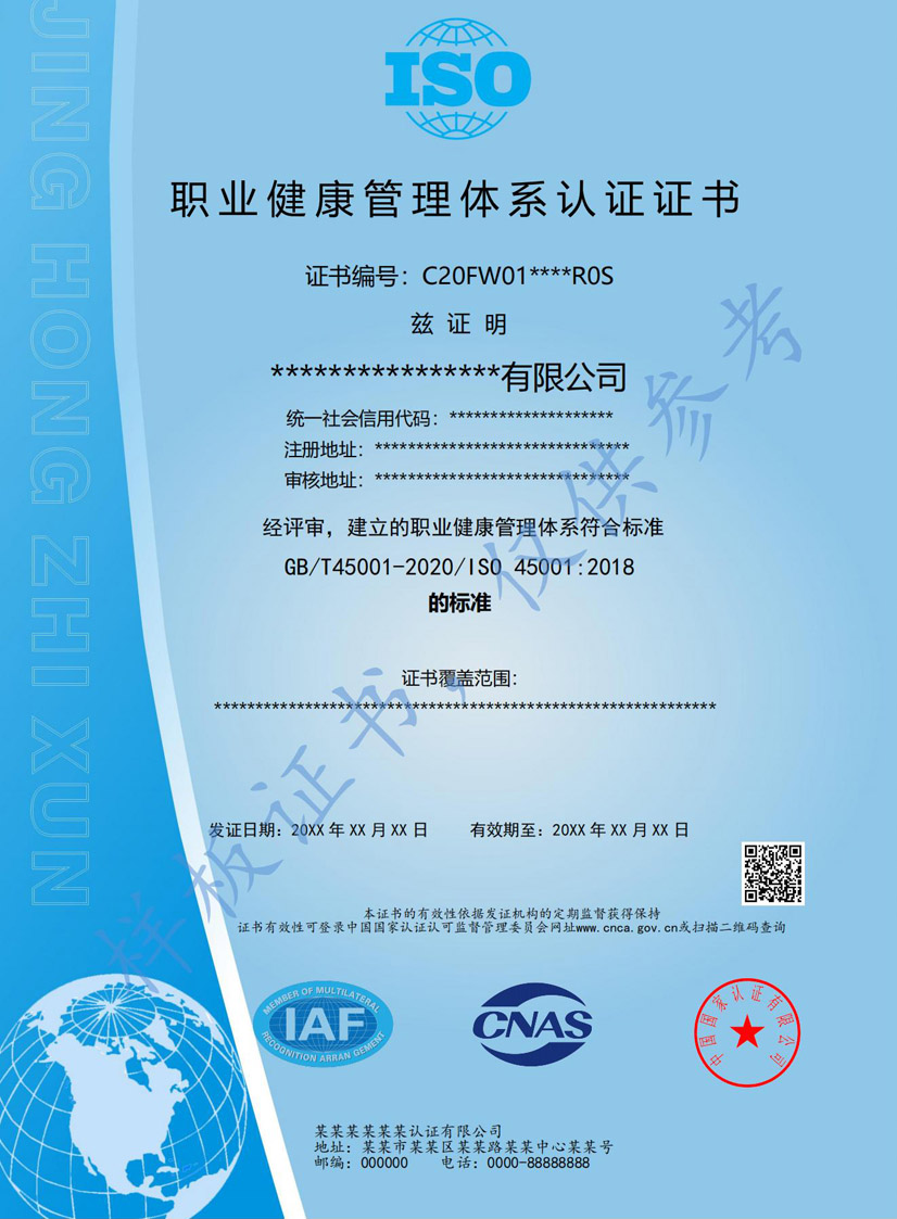 茂名iso45001职业健康管理体系认证证书